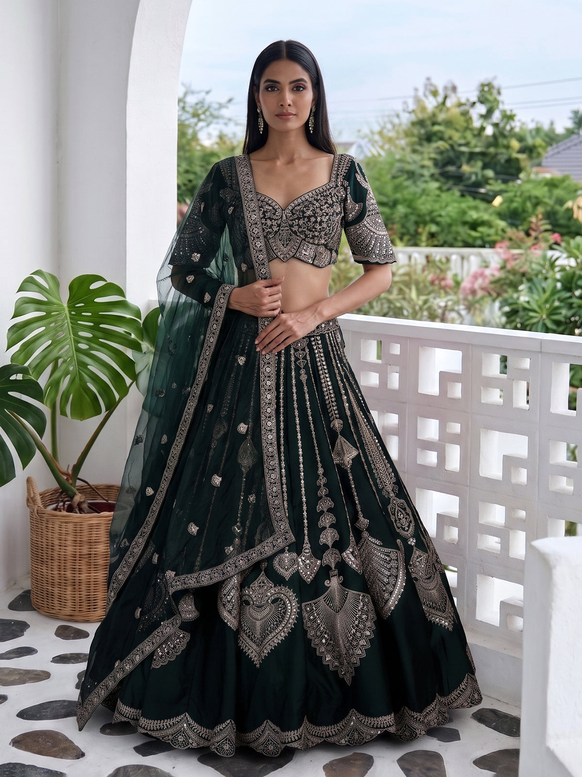 Bottle green silk lehenga choli with embroidered work and dupatta