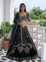 Bottle green silk lehenga choli with embroidered work and dupatta