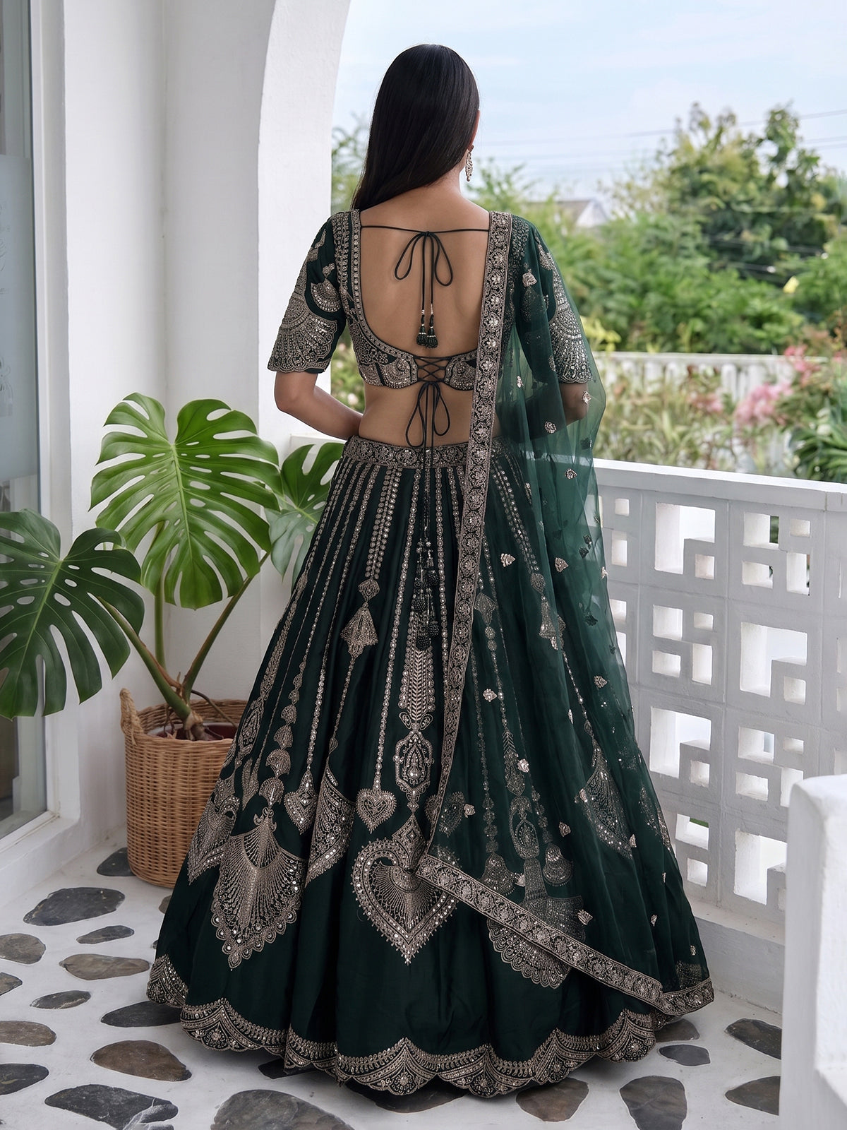 Bottle green silk lehenga choli with embroidered work and dupatta