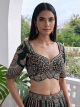 Bottle green silk lehenga choli with embroidered work and dupatta