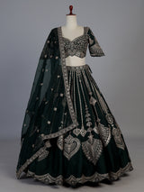 Bottle green silk lehenga choli with embroidered work and dupatta
