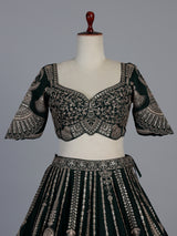 Bottle green silk lehenga choli with embroidered work and dupatta