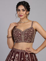 Maroon silk jacket style lehenga choli with zari mirror embellishments