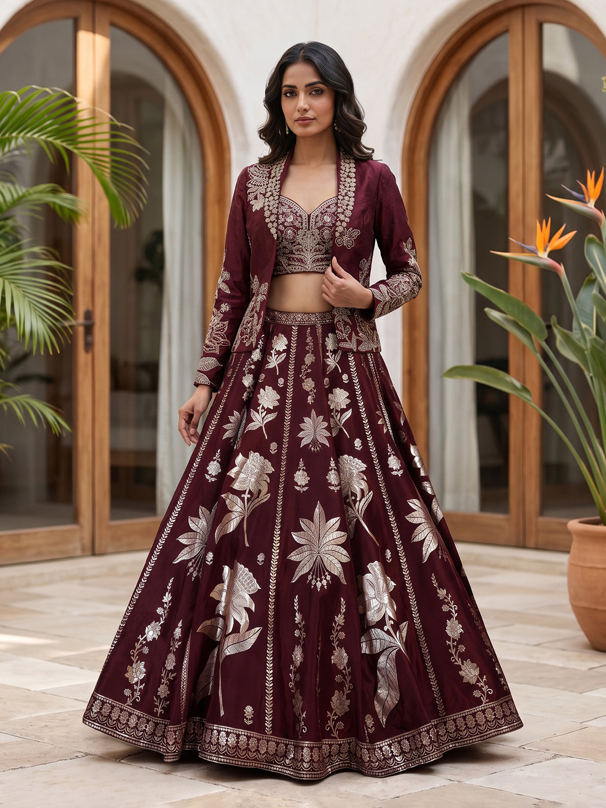 Maroon silk jacket style lehenga choli with zari mirror embellishments