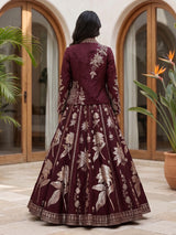 Maroon silk jacket style lehenga choli with zari mirror embellishments