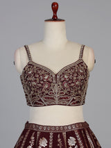 Maroon silk jacket style lehenga choli with zari mirror embellishments