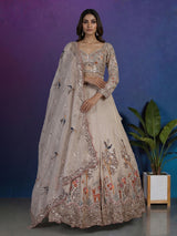 Beige silk designer lehenga choli with bird motif
