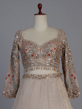 Beige silk designer lehenga choli with bird motif