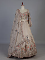 Beige silk designer lehenga choli with bird motif