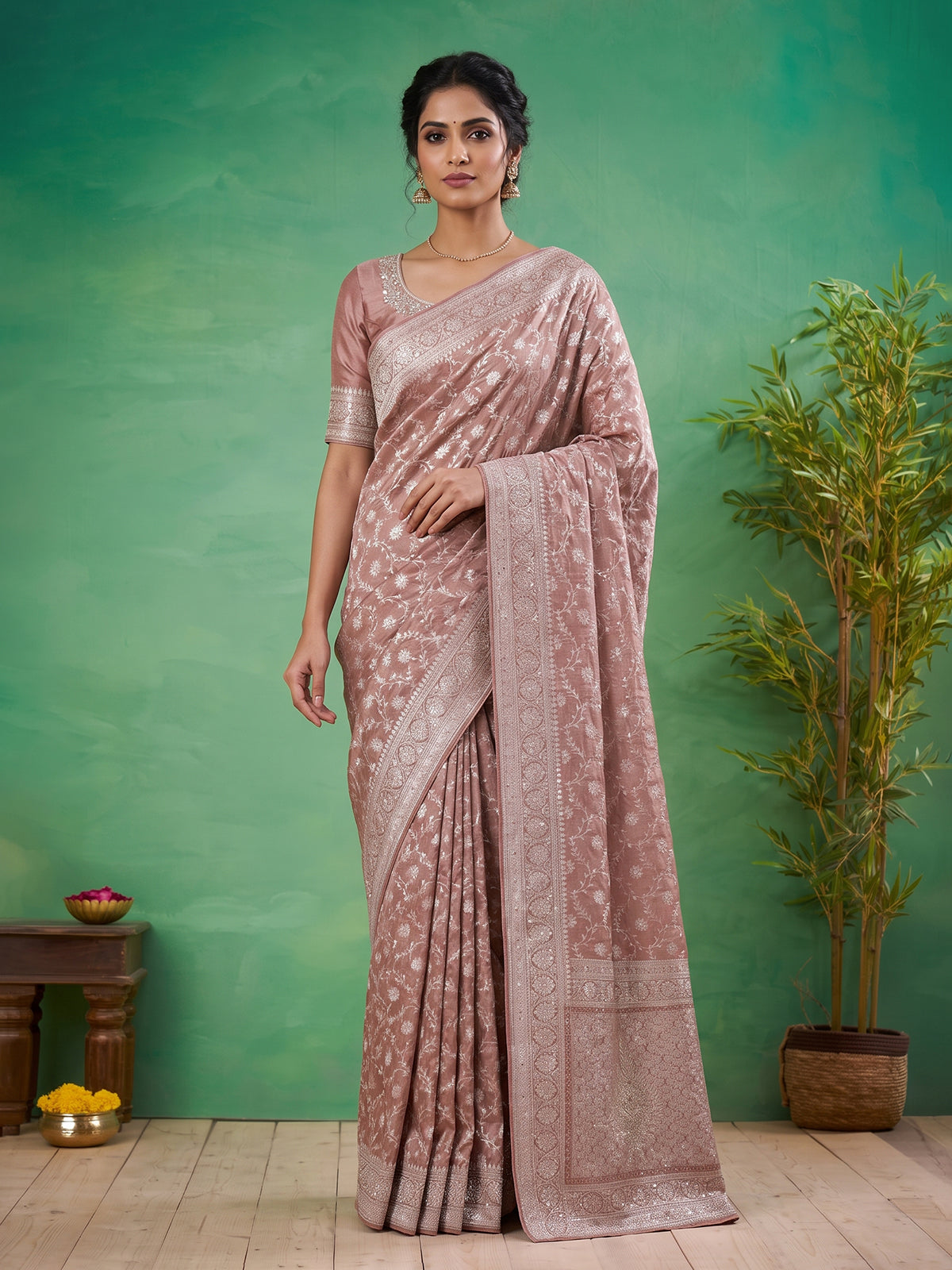 Peach banarasi silk saree with floral zardosi and zari