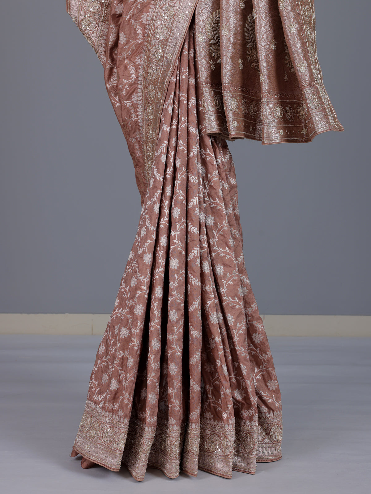 Peach banarasi silk saree with floral zardosi and zari