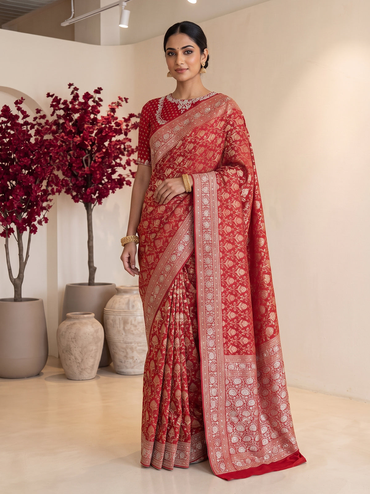Red banarasi silk saree with floral zardosi and zari work