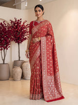 Red banarasi silk saree with floral zardosi and zari work