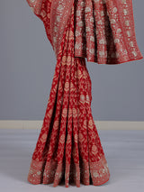Red banarasi silk saree with floral zardosi and zari work