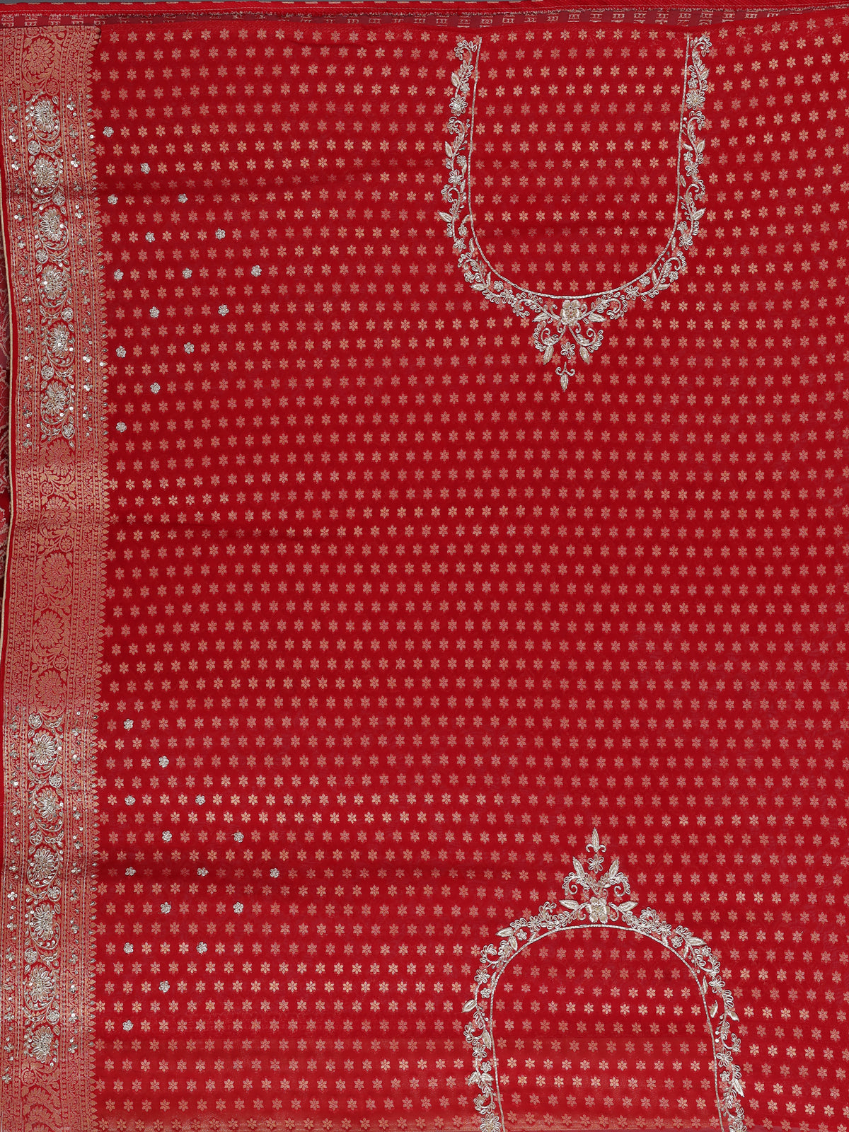 Red banarasi silk saree with floral zardosi and zari work