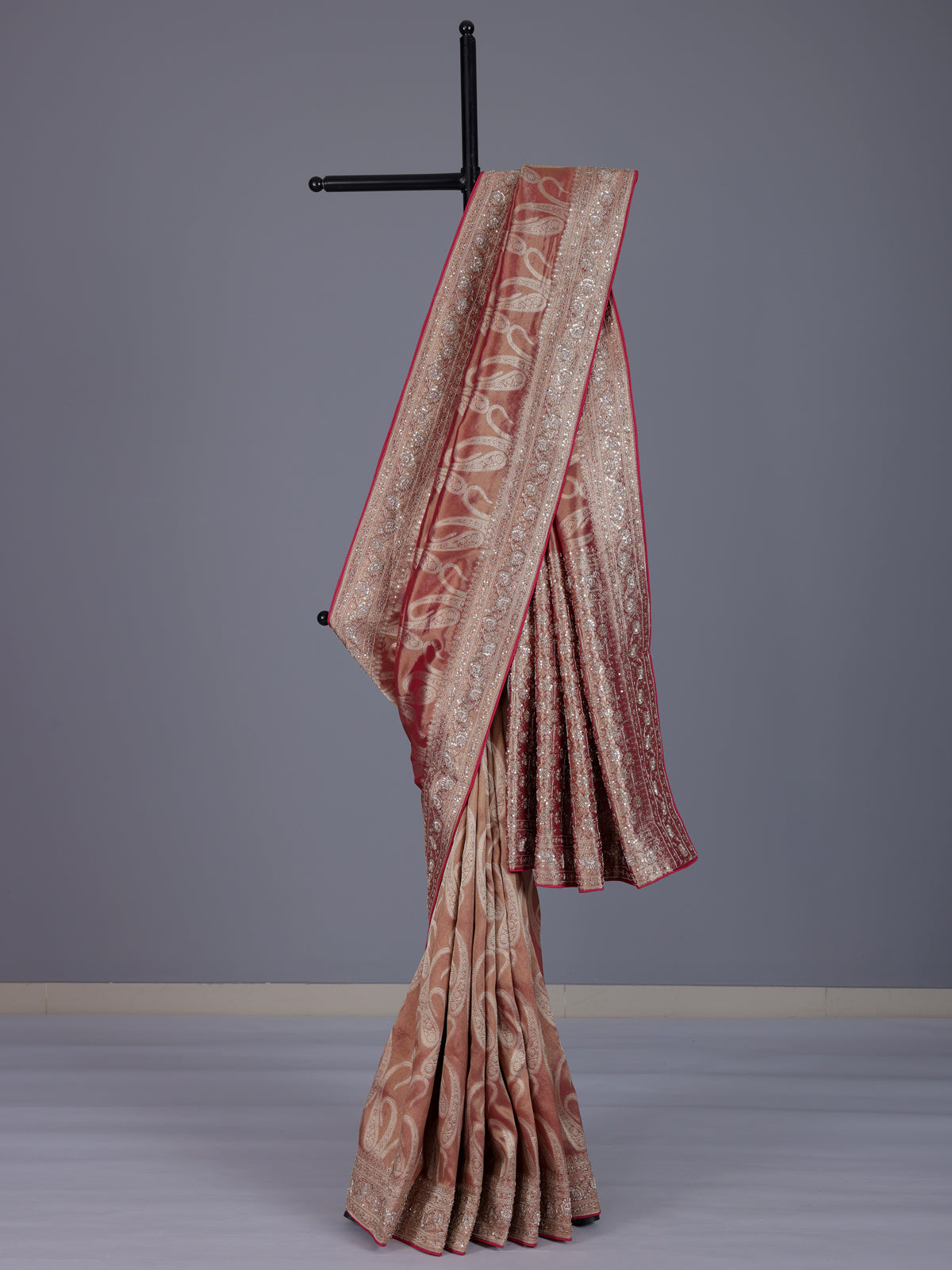 Pastel peach dola tissue silk saree with zardosi and zari