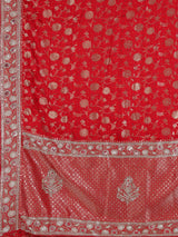 Red dola silk saree with floral zardosi and pearl zari work