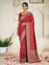 Red dola silk saree with floral diamond zardosi embellishments