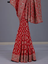 Red dola silk saree with floral diamond zardosi embellishments