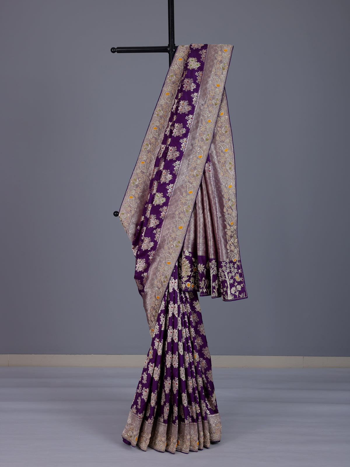 Purple banarasi silk saree with floral zardosi and zari work