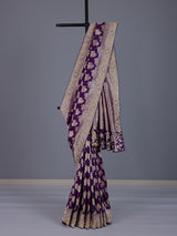 Purple banarasi silk saree with floral zardosi and zari work