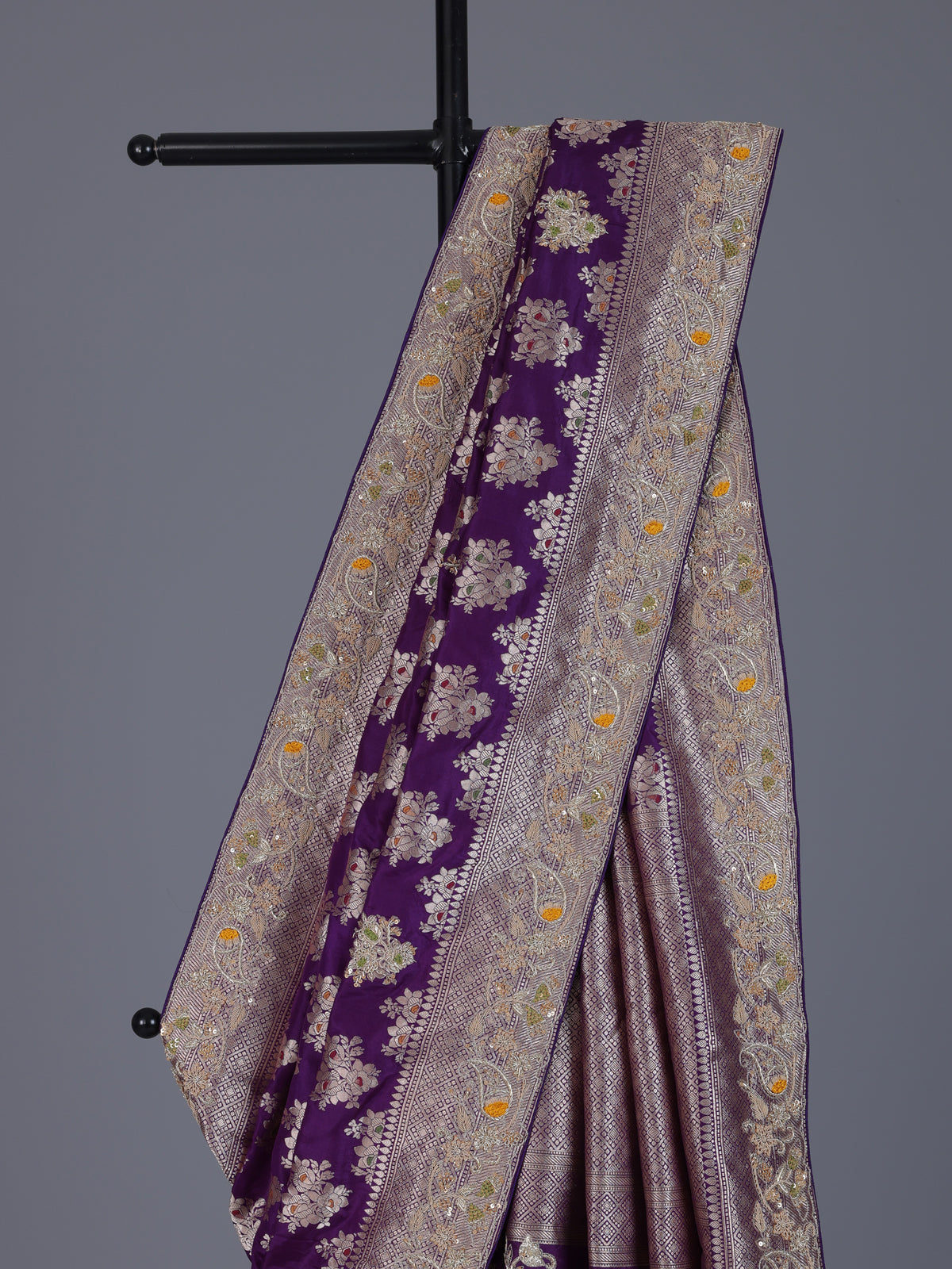 Purple banarasi silk saree with floral zardosi and zari work