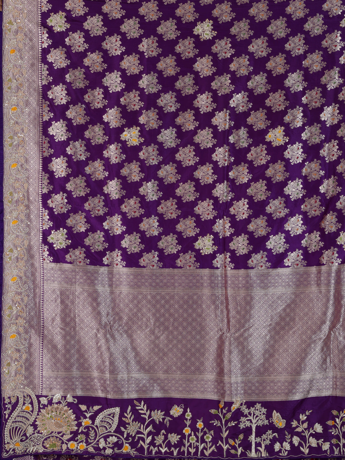 Purple banarasi silk saree with floral zardosi and zari work