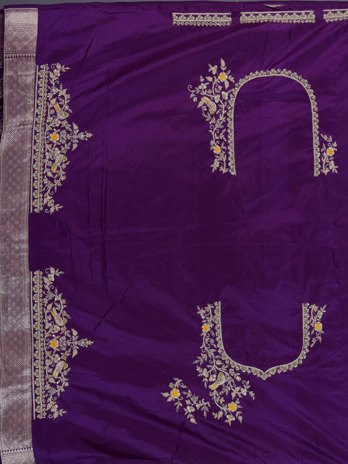 Purple banarasi silk saree with floral zardosi and zari work