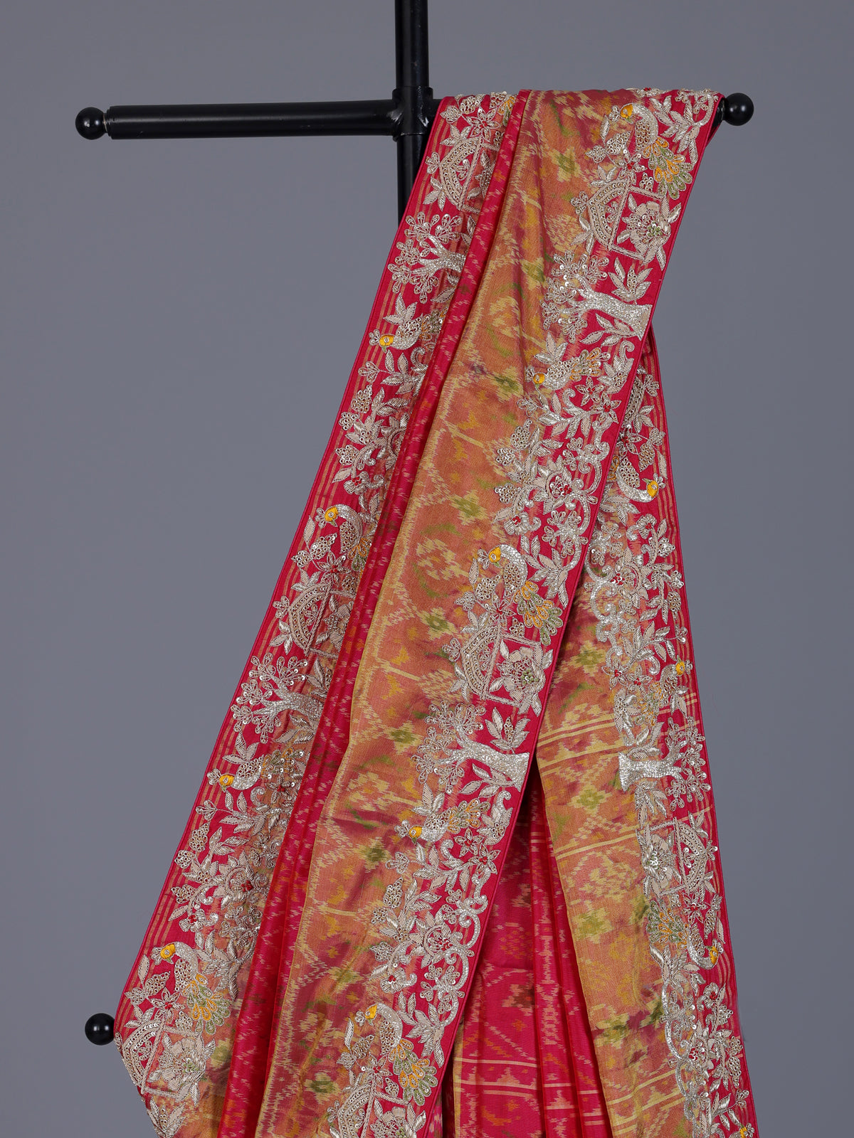 Rani pink patola silk saree with bird motif and zari detailing