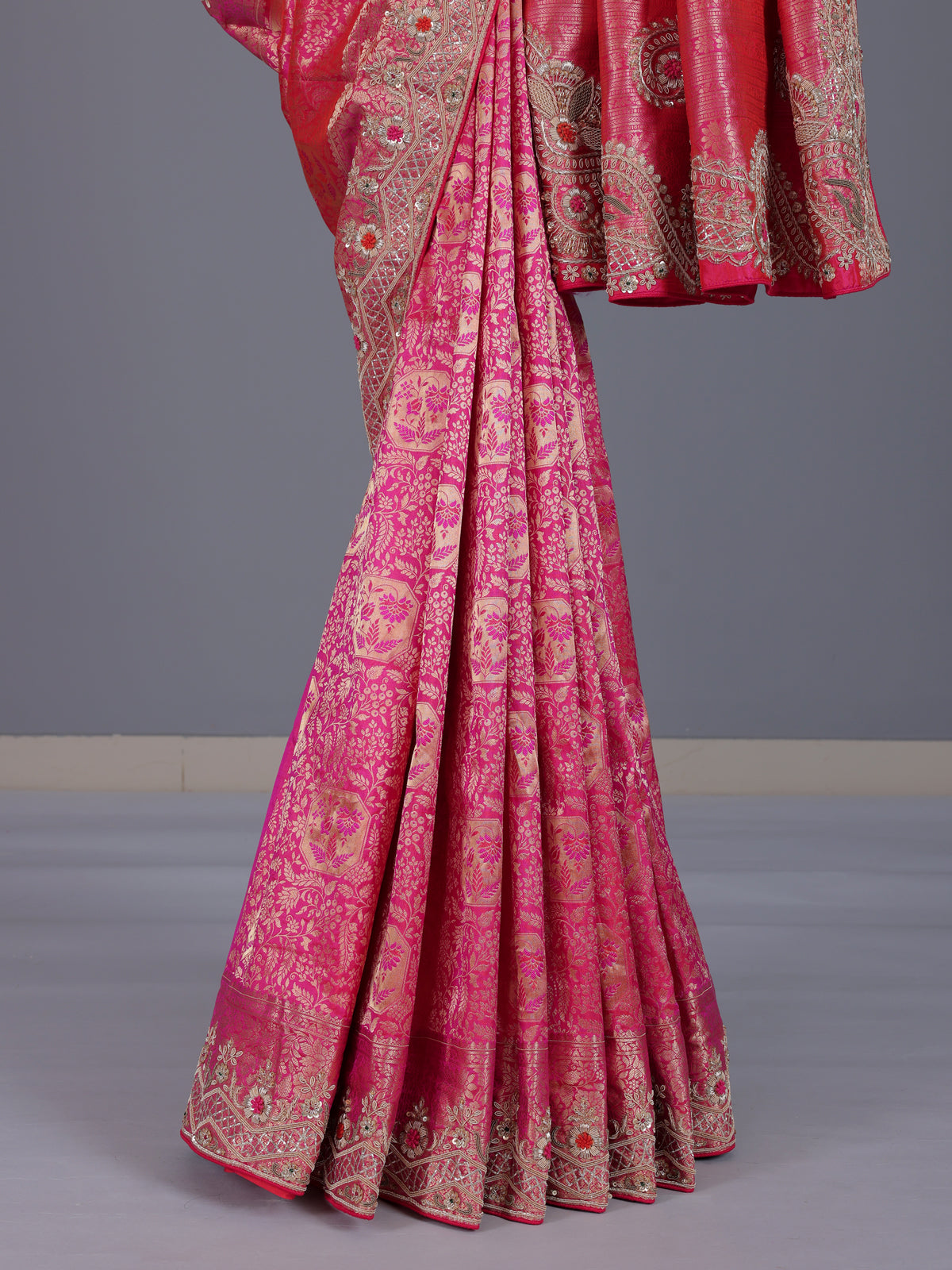 Rani pink kanjivaram silk saree with zardosi and zari work