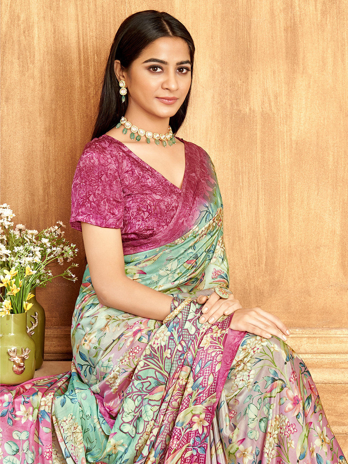 Pink and green floral printed shaded satin crepe silk saree