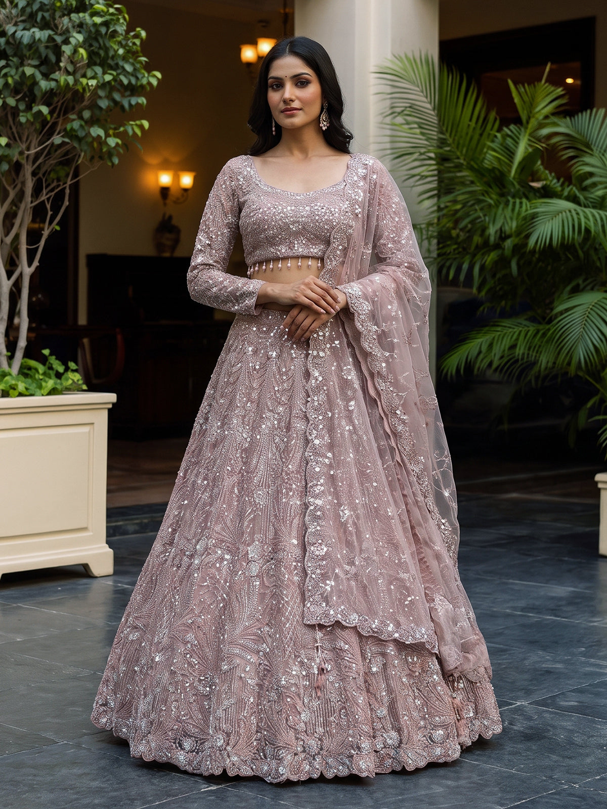 Pink net embellished designer wedding lehenga choli