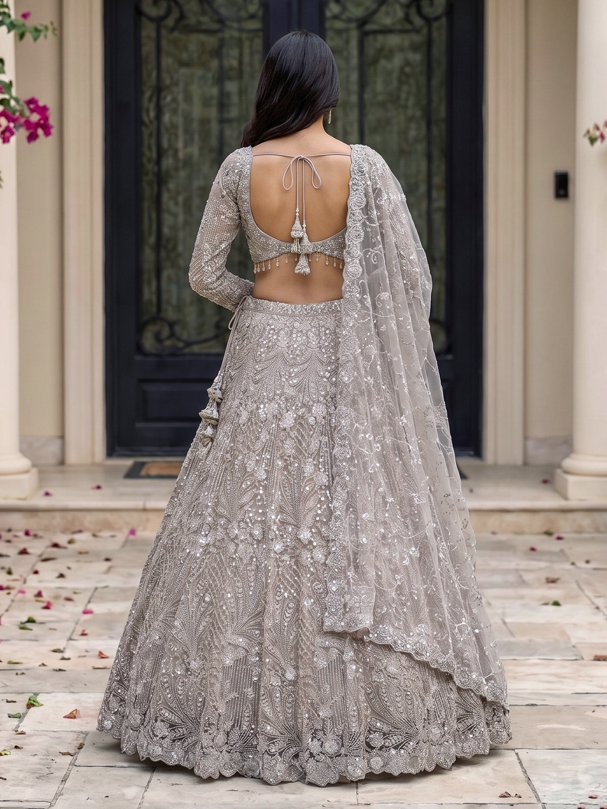 Beige net sequins embellished party lehenga choli