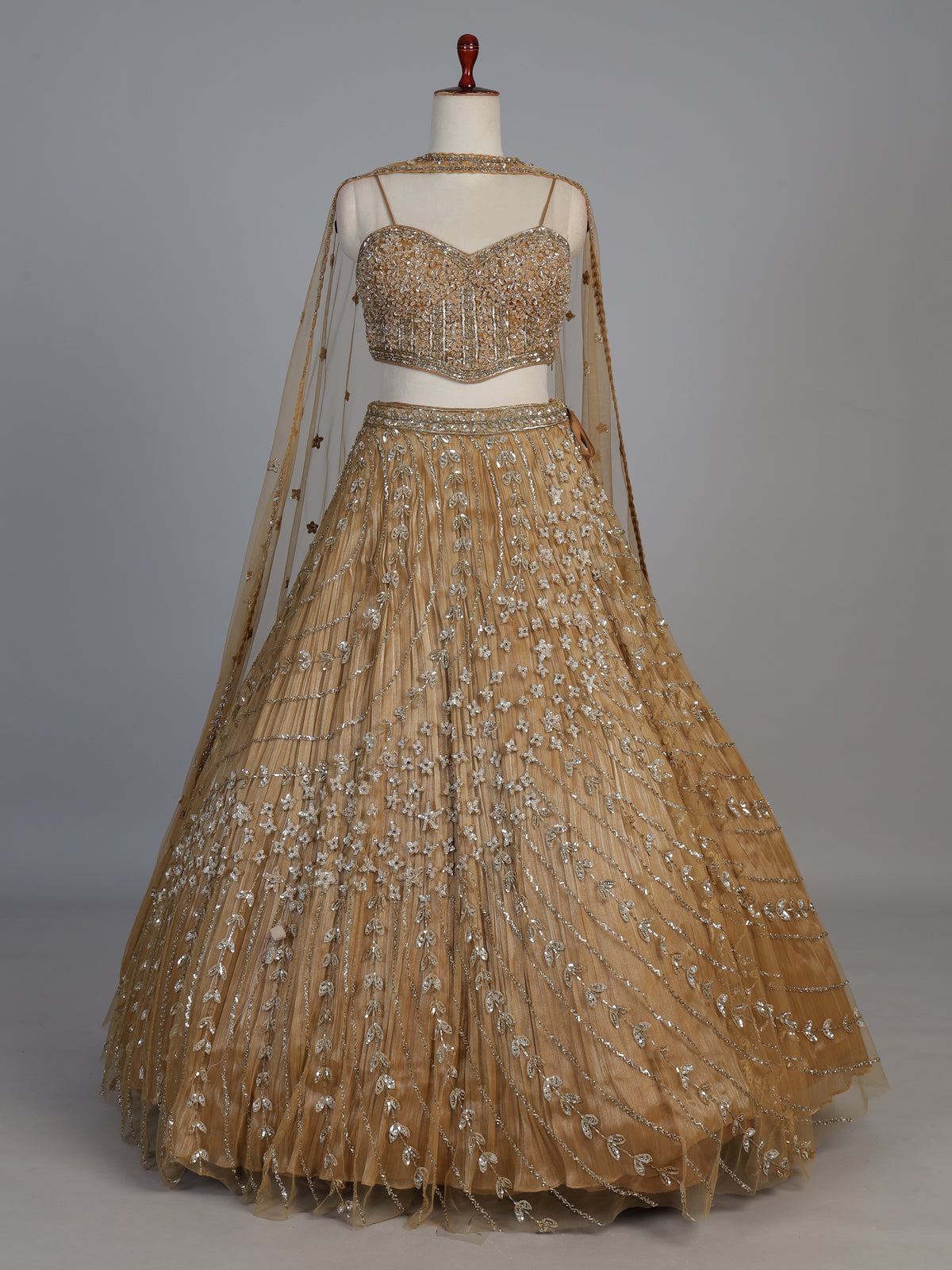 Dark beige net stone embellished festive lehenga choli