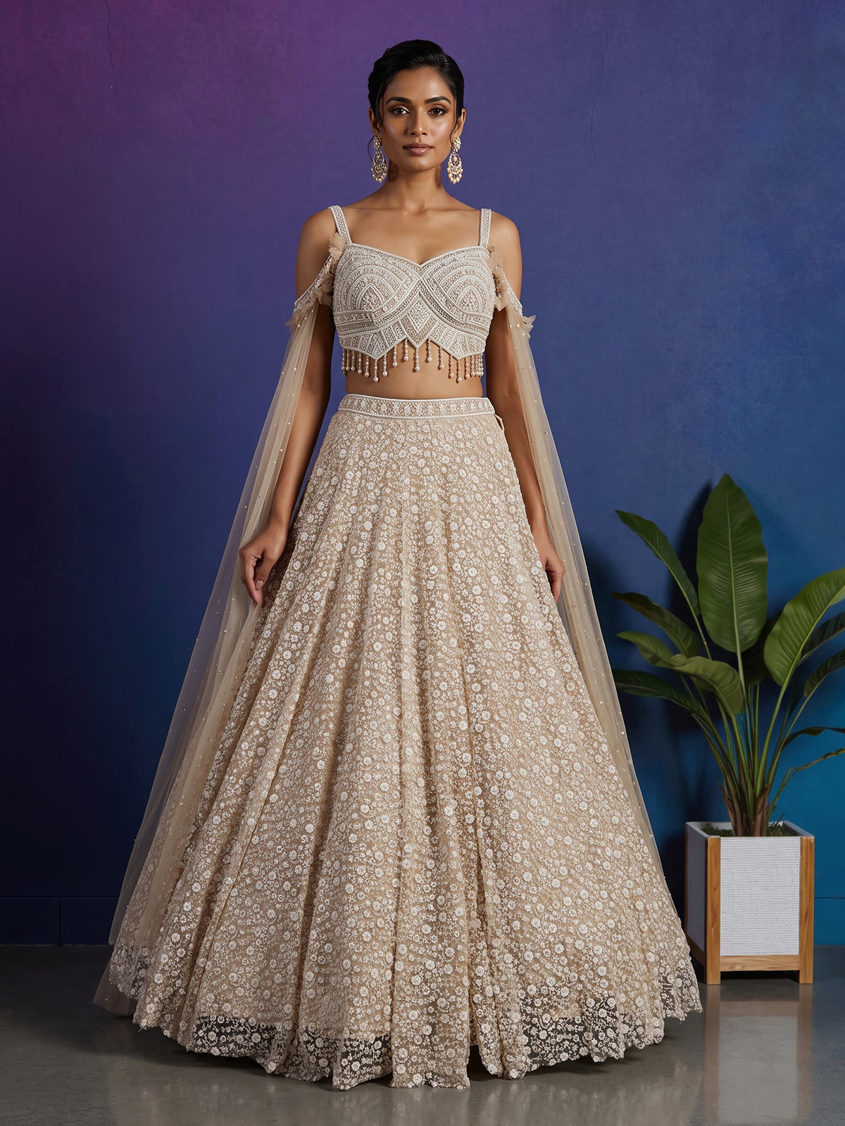 Beige net stone embellished bridal lehenga choli