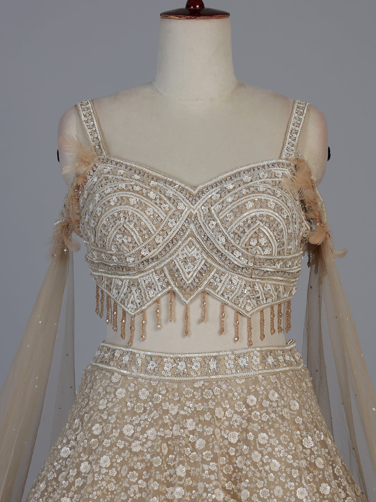 Beige net stone embellished bridal lehenga choli