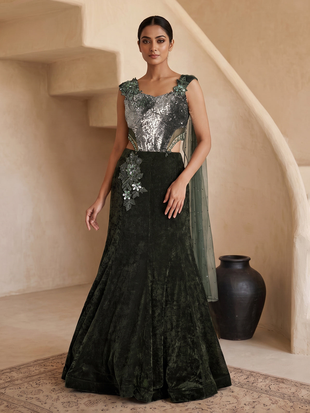 Dark green velvet embellished wedding lehenga choli