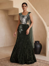 Dark green velvet embellished wedding lehenga choli