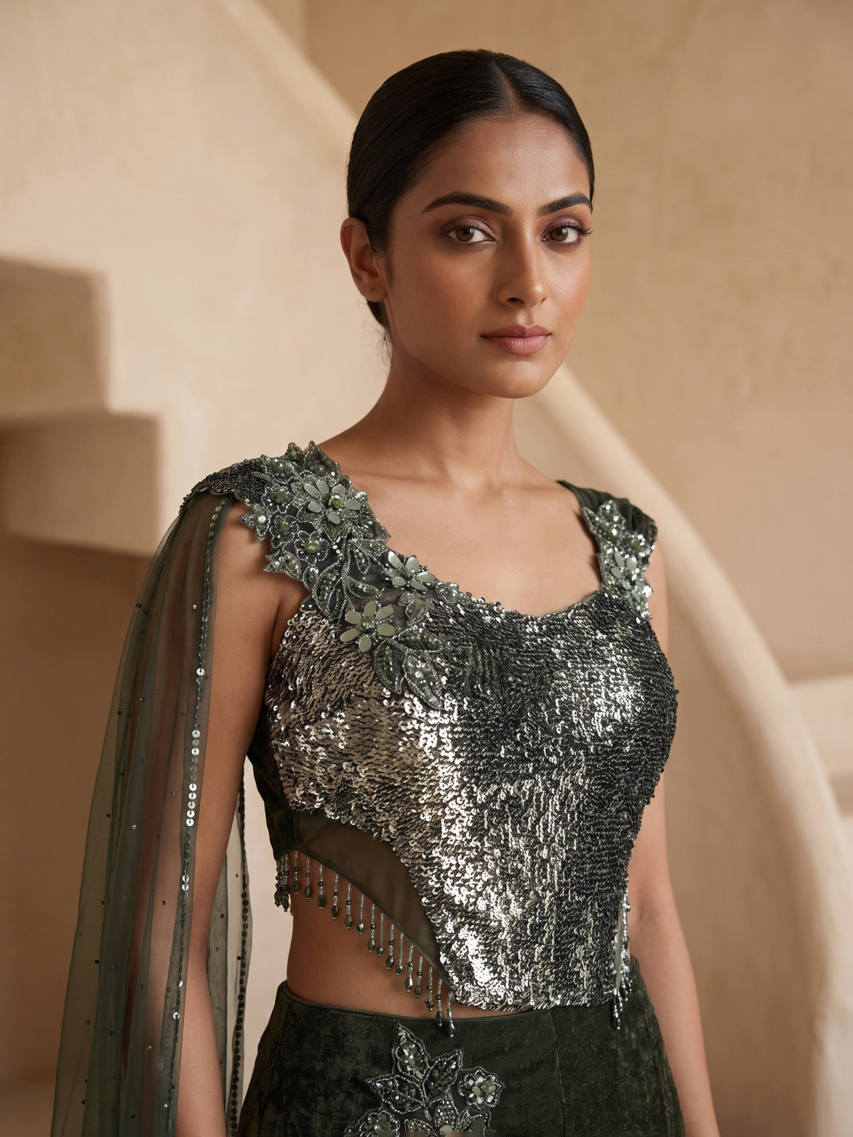 Dark green velvet embellished wedding lehenga choli