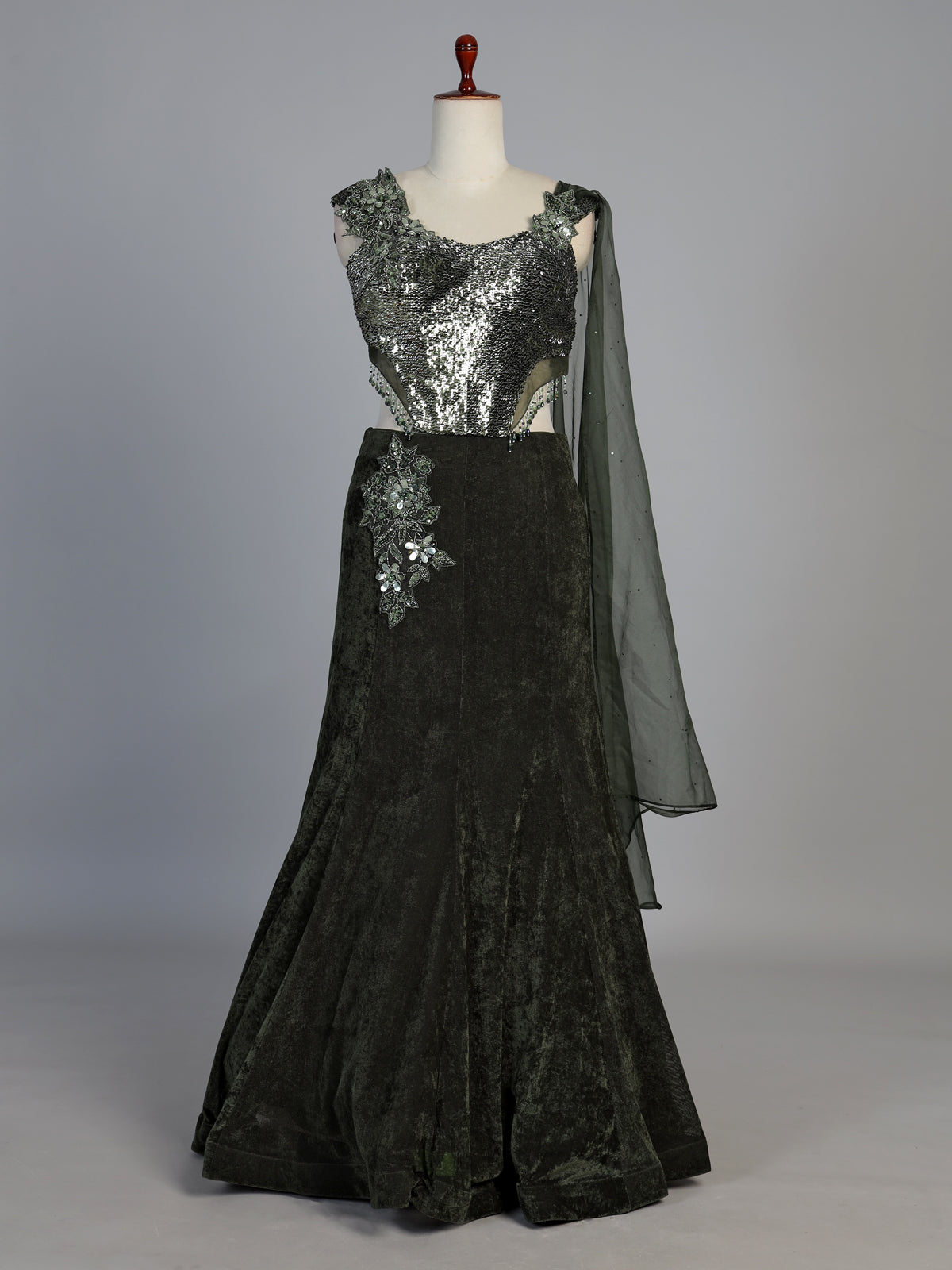 Dark green velvet embellished wedding lehenga choli