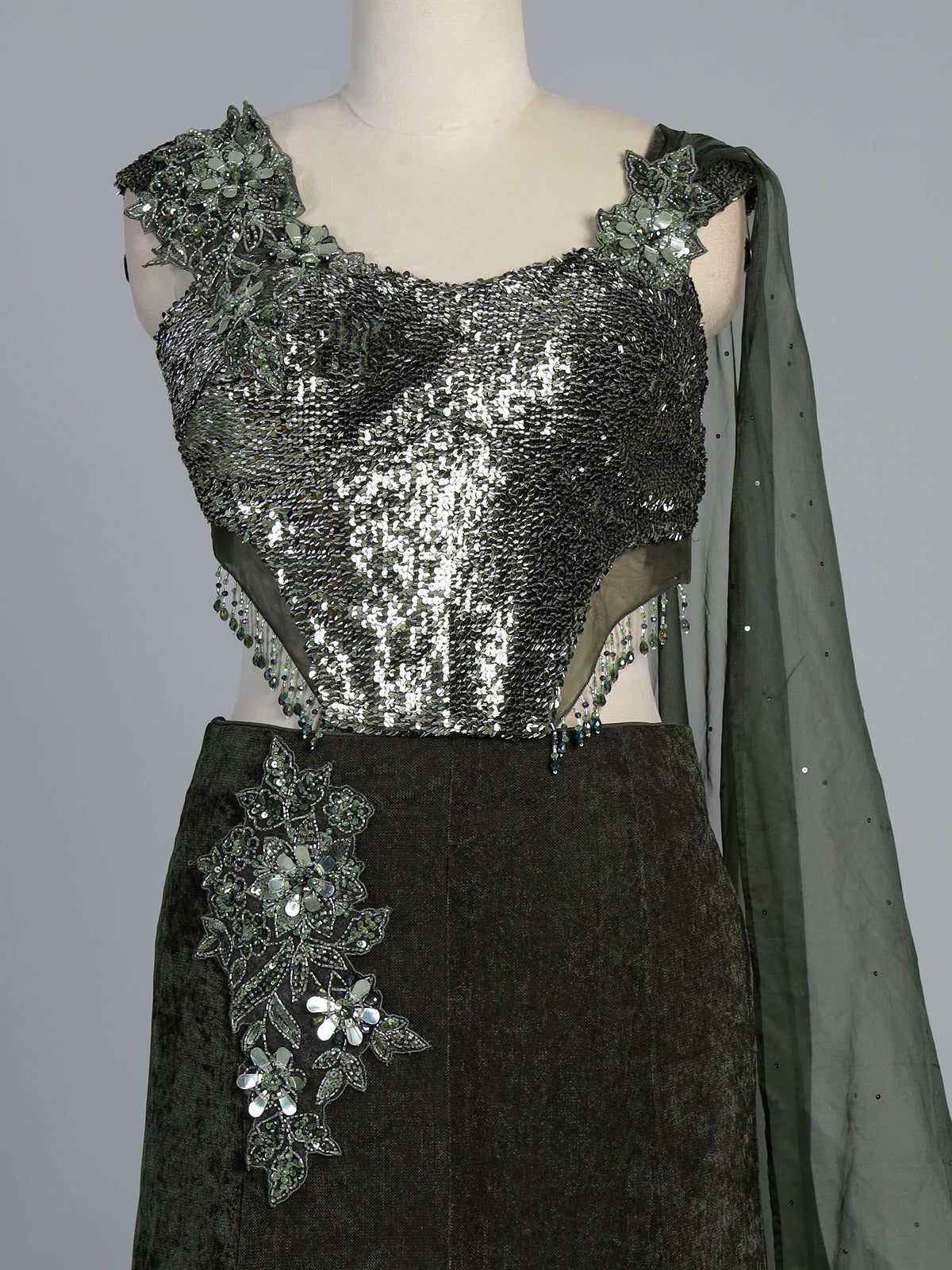 Dark green velvet embellished wedding lehenga choli