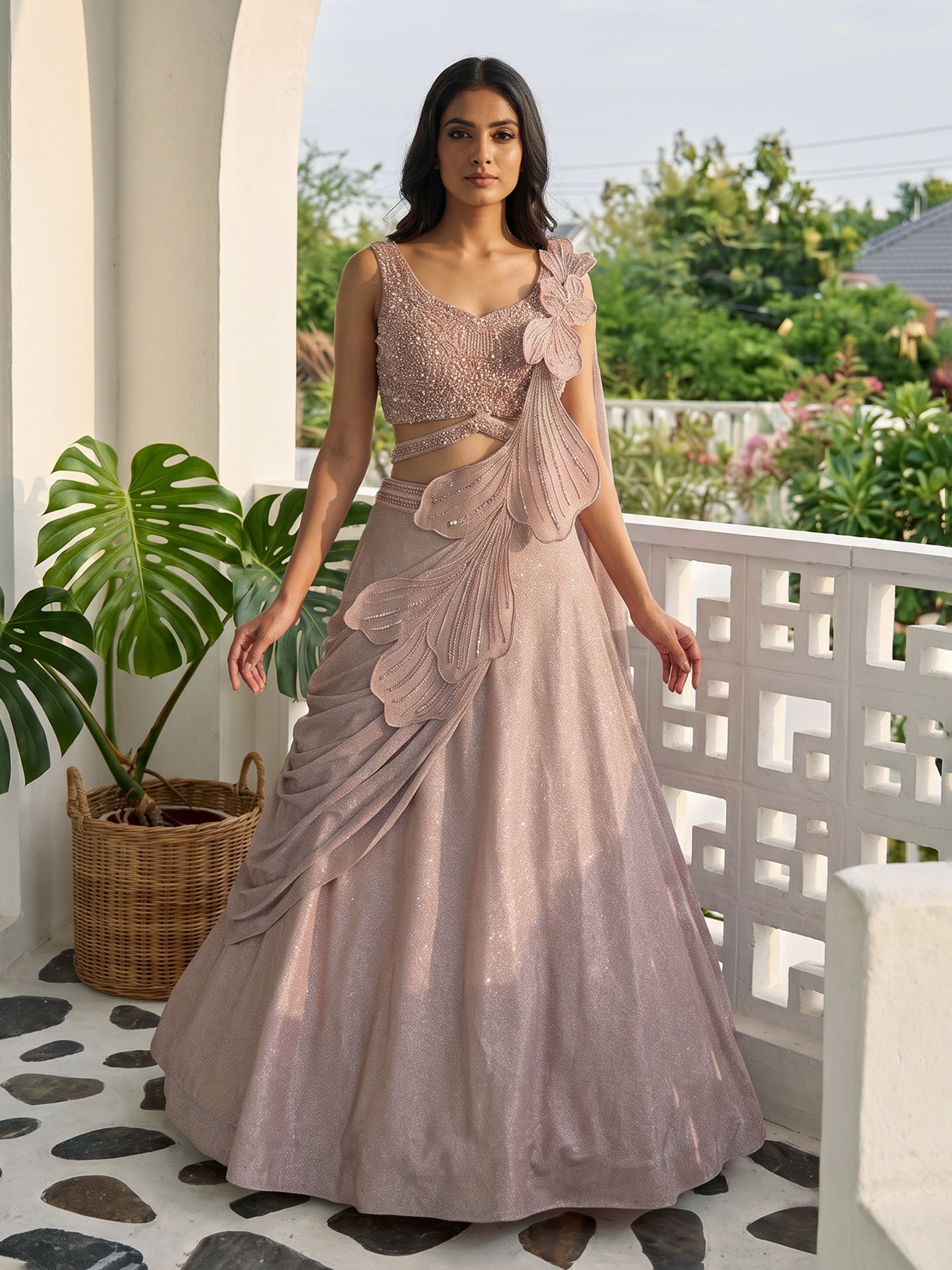 Peach lycra sequins embellished party wear lehenga choli