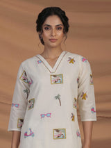 Cream cotton salwar suit with elegant V neckline