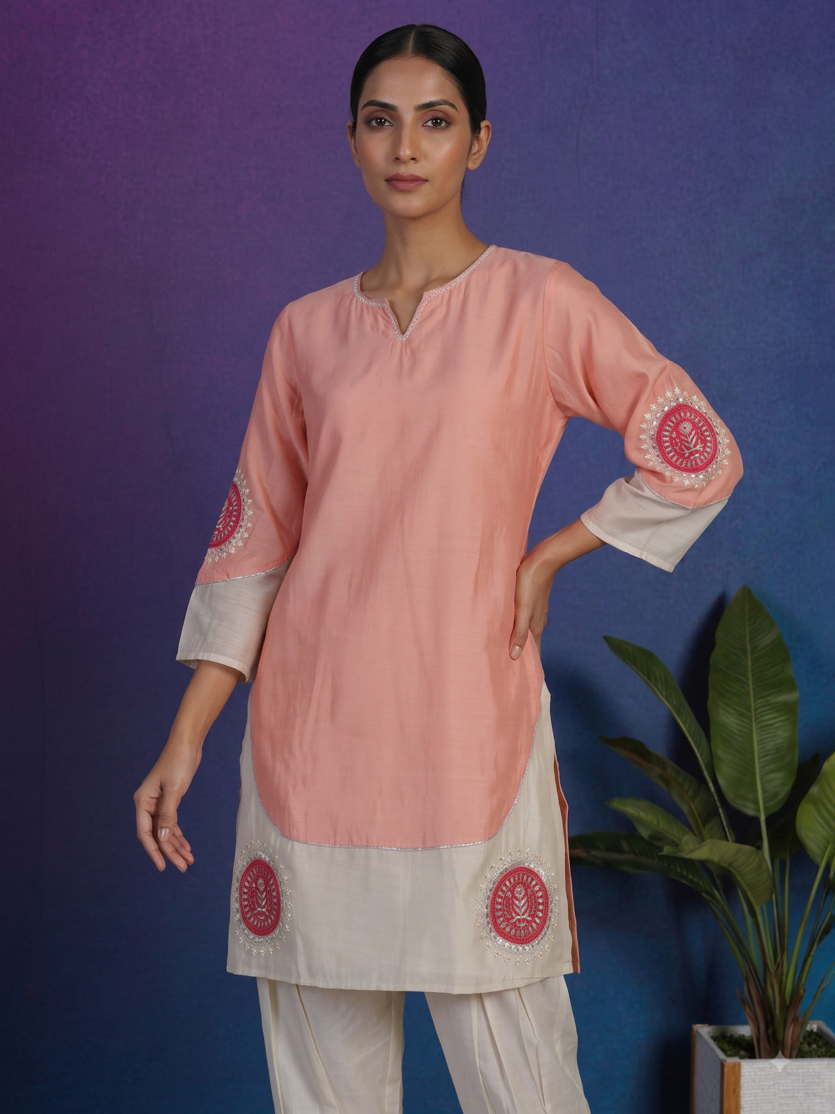 Peach tissue salwar suit with sweetheart neckline