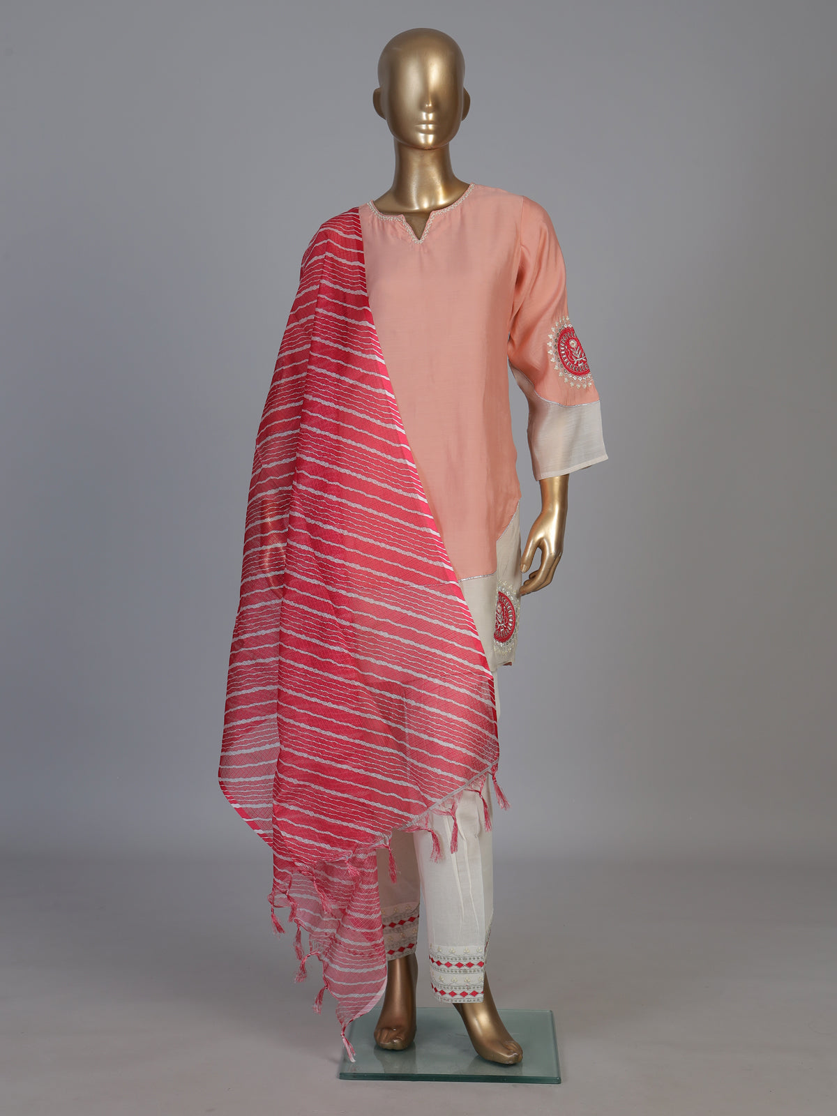 Peach tissue salwar suit with sweetheart neckline