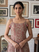 Maroon silk printed kurti set with contrast dupatta and pants