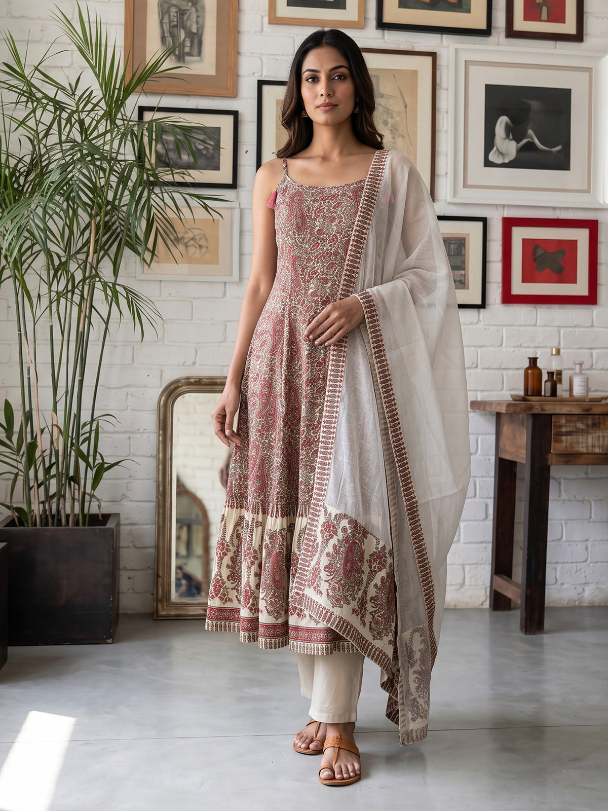 Maroon silk printed kurti set with contrast dupatta and pants