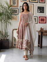 Maroon silk printed kurti set with contrast dupatta and pants