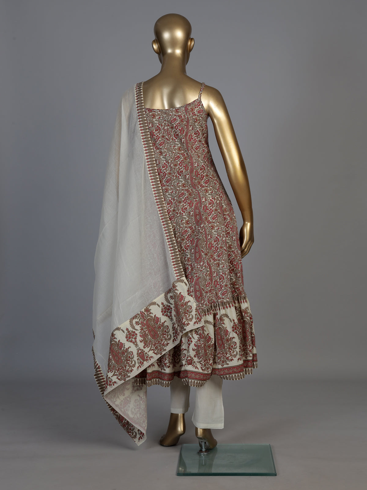 Maroon silk printed kurti set with contrast dupatta and pants