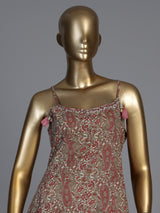 Maroon silk printed kurti set with contrast dupatta and pants